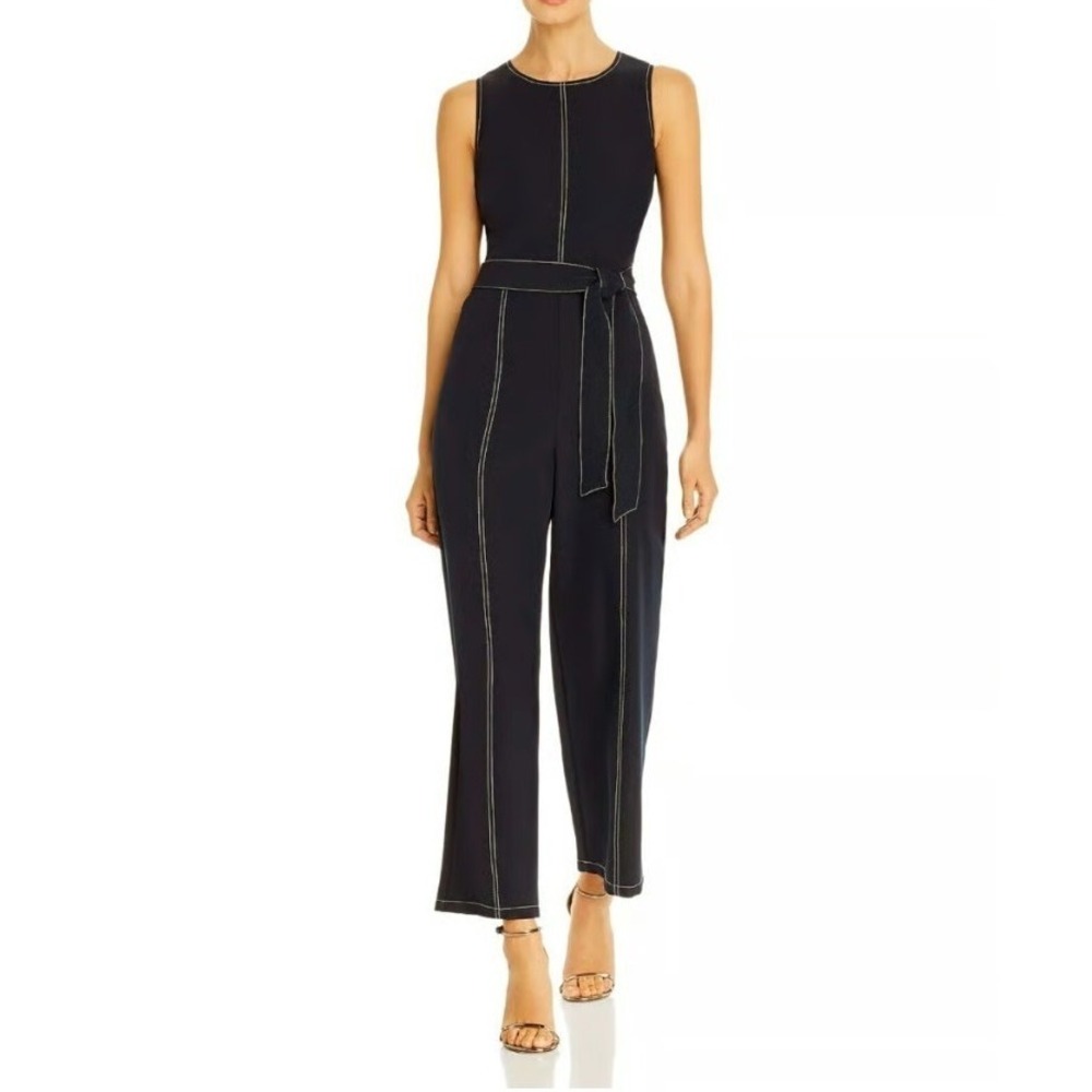 T Tahari Jumpsuit‎ Women's 4 Black Topstitch Sleeveless Belted Wide Leg NWT $128